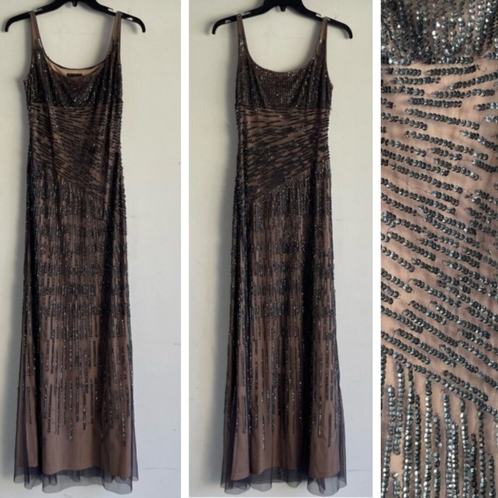 Adrianna Papell Tan Silver Sequins Sleeveless Maxi Dress - 22662